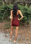 Picture of: Short Net Jersey Dress with Rhinestones in Burgundy, Style 33926, Back Picture