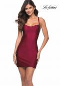 Picture of: Short Fitted Jersey Dress with Lace Up Strappy Back in Burgundy, Detail Picture 2