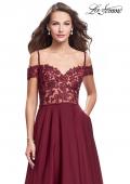 Picture of: Long A-line Prom Dress with Sheer Lace Beaded Bodice in Burgundy, Style: 25479, Main Picture