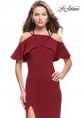 Picture of: Long Jersey Prom Dress with Off the Shoulder Ruffle Detail in Burgundy, Style: 25556, Main Picture