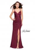 Picture of: Satin Prom Dress with Ruching and Open Strappy Back in Burgundy, Style: 26036, Main Picture
