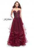 Picture of: Long Strapless Ball Gown with ruffle Tulle Skirt and Beads in Burgundy, Style: 26242, Main Picture