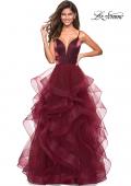 Picture of: Cascading Tulle Gown with Satin Top and V Back in Burgundy, Style: 27502, Main Picture