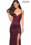 Picture of: Form Fitting Satin Dress with Slit and Strappy Back in Burgundy, Style: 27758, Main Picture
