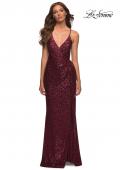 Picture of: Draped Slit Long Sequin Gown with Lace Up Back in Burgundy, Detail Picture 8