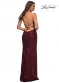 Picture of: Draped Slit Long Sequin Gown with Lace Up Back in Burgundy, Detail Picture 9