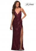 Picture of: Draped Slit Long Sequin Gown with Lace Up Back in Burgundy, Detail Picture 11