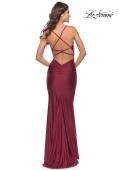 Picture of: Form Fitting Jersey Dress with Ruching and Strappy Back in Burgundy, Style: 27501, Detail Picture 14