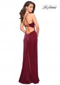 Picture of: Two Tone Long Gown with High Neckline and Side Slit in Burgundy, Style: 26962, Back Picture