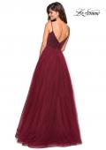Picture of: Tulle evening Gown with Satin Bust and V Shaped Back in Burgundy, Style: 27485, Back Picture