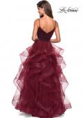 Picture of: Cascading Tulle Gown with Satin Top and V Back in Burgundy, Style: 27502, Back Picture