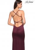Picture of: Form Fitting Satin Dress with Slit and Strappy Back in Burgundy, Style: 27758, Back Picture