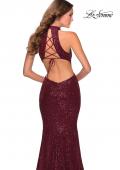 Picture of: Long Sequin Gown with High Neckline and Lace Back in Burgundy, Style: 28612, Back Picture