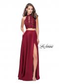Picture of: Two piece gown with lace up top and satin A line skirt in Burgundy, Style: 25263, Detail Picture 1