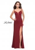Picture of: Satin Prom Dress with Metallic Beaded Straps and Slit in Burgundy, Style: 26012, Detail Picture 1