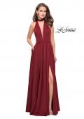 Picture of: Long Satin Prom Dress with Pockets and Beaded Choker in Burgundy, Style: 26154, Detail Picture 1