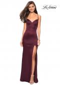 Picture of: Form Fitting Satin Dress with Slit and Strappy Back in Burgundy, Style: 27758, Detail Picture 1