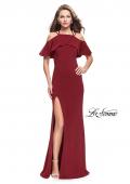 Picture of: Long Jersey Prom Dress with Off the Shoulder Ruffle Detail in Burgundy, Style: 25556, Detail Picture 2