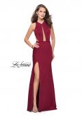 Picture of: Satin Prom Gown with High Neck and Side Cut Outs in Burgundy, Style: 26005, Detail Picture 2