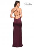 Picture of: Form Fitting Satin Dress with Slit and Strappy Back in Burgundy, Style: 27758, Detail Picture 2