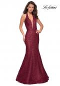 Picture of: Metallic Lace Halter Long Prom Dress with Open Back in Burgundy, Style: 27228, Detail Picture 3
