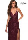 Picture of: Draped Slit Long Sequin Gown with Lace Up Back in Burgundy, Detail Picture 3