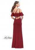 Picture of: Long Jersey Prom Dress with Off the Shoulder Ruffle Detail in Burgundy, Style: 25556, Detail Picture 2