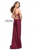 Picture of: Satin Prom Dress with Ruching and Open Strappy Back in Burgundy, Style: 26036, Detail Picture 2