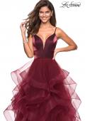 Picture of: Cascading Tulle Gown with Satin Top and V Back in Burgundy, Style: 27502, Detail Picture 4