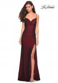 Picture of: Classic Long Jersey Gown with Side Ruching and Slit in Burgundy, Style: 27626, Detail Picture 5