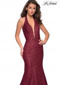 Picture of: Metallic Lace Halter Long Prom Dress with Open Back in Burgundy, Style: 27228, Detail Picture 6