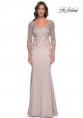 Picture of: Fitted Long Satin Dress with Lace Bodice and Sleeves in Champagne, Style: 31194, Main Picture