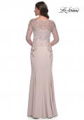 Picture of: Fitted Long Satin Dress with Lace Bodice and Sleeves in Champagne, Style: 31194, Back Picture