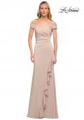 Picture of: Off the Shoulder Jersey Evening Gown with Ruffle Skirt Detail in Champagne, Detail Picture 1