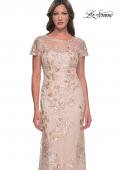 Picture of: Fitted Chic Beaded Dress with Illusion Neckline and Short Sleeves in Champagne, Style: 30841, Detail Picture 1