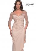Picture of: Stunning Satin Dress with Gathered Waist and Beaded Illusion Sleeves in Champagne, Style: 31011, Detail Picture 1