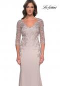 Picture of: Fitted Long Satin Dress with Lace Bodice and Sleeves in Champagne, Style: 31194, Detail Picture 1