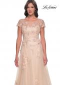 Picture of: Tulle and Lace A-Line Dress with Illusion Neckline and Short Sleeves in Champagne, Style: 31198, Detail Picture 1