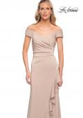 Picture of: Off the Shoulder Jersey Evening Gown with Ruffle Skirt Detail in Champagne, Detail Picture 4
