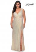 Picture of: Sequin Plus Size Prom Gown with Ruching and V-neck in Champagne, Style: 29046, Detail Picture 3