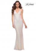Picture of: Criss-Criss Print Sequin Prom Dress with V Neckline in Champagne, Style 29862, Main Picture