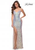 Picture of: Iridescent Long Sequin Dress with V Neckline in Champagne, Style 29936, Main Picture