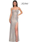Picture of: Strapless Chic Metallic Jersey Dress with Criss Cross Bodice in Champagne , Style 32876, Detail Picture 9