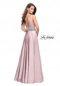 Picture of: Satin Prom Dress with A Line Skirt and Beaded Belt in Champagne, Style: 24821, Back Picture