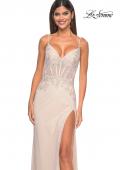 Picture of: Gorgeous Rhinestone Fishnet Gown with Lace Embellishments in Champagne, Style: 32292, Detail Picture 19