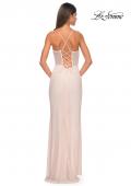 Picture of: Fishnet Rhinestone Fitted Dress with Bustier Top and High Neckline in Champagne, Style: 32227, Detail Picture 20