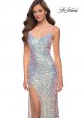 Picture of: Iridescent Long Sequin Dress with V Neckline in Champagne, Style 29936, Detail Picture 2
