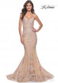 Picture of: Mermaid Lace Gown with Illusion Bodice and Open Back in Champagne, Style: 30716, Detail Picture 2