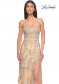 Picture of: Embroidered Lace Fitted Prom Dress with Lace Edge Slit in Champagne, Style: 32013, Detail Picture 2