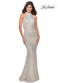 Picture of: Long Sequin Gown with High Neckline and Lace Back in Champagne, Style: 28612, Detail Picture 3